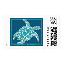 Aqua Sea Turtle Postage Stamp