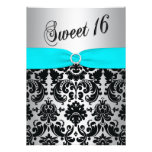Aqua, Silver, and Black Damask Sweet 16 Invitation