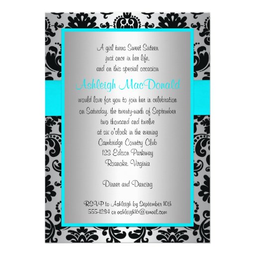 Aqua, Silver, and Black Damask Sweet 16 Invitation