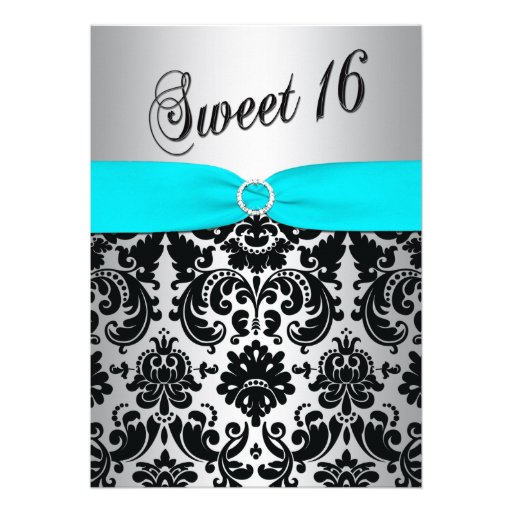 Aqua, Silver, and Black Damask Sweet 16 Invitation