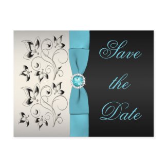 Aqua, Silver, and Black Floral Save the Date postcard