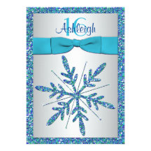 Aqua, Silver, Blue Snowflake Birthday Invitation