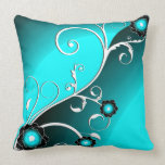 Aqua Silver Floral Vector  Pattern Throw Pillows