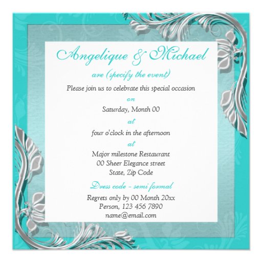 Aqua silver wedding anniversary engagement personalized invitations