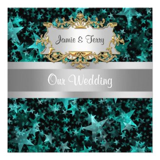 Aqua Stars Gray Ribbon Wedding Invitation