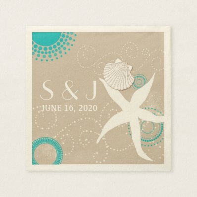 Aqua, Tan, White Beach Wedding Paper Napkin