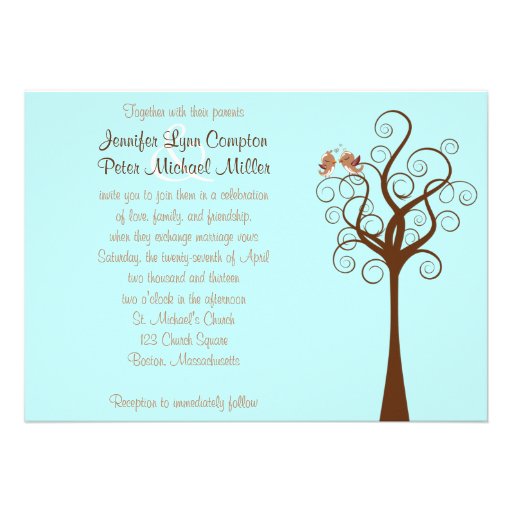 Aqua, Taupe, Brown Lovebirds Wedding Invitation