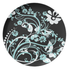 Aqua Teal and Black Floral Swirls Gifts for Girls Dinner Plates