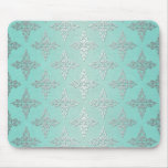 Aqua Teal and Silvery White Damask Pattern Mouse Pad