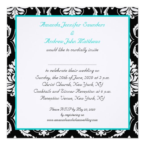 Aqua Teal Black Damask Names Wedding Invitation