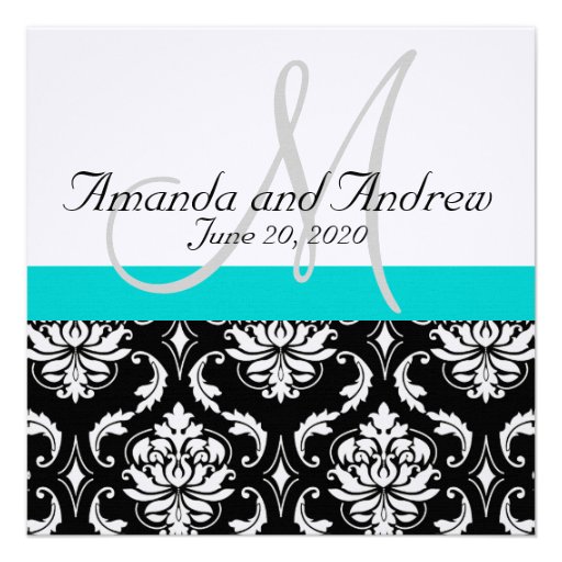Aqua Teal Black Damask Names Wedding Invitation