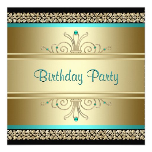 Aqua Teal Blue Gold Black Womans Birthday Party Invites