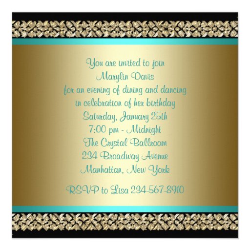 Aqua Teal Blue Gold Black Womans Birthday Party Invites