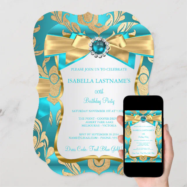 Aqua Teal Blue Gold Damask Birthday Party Invite Zazzle