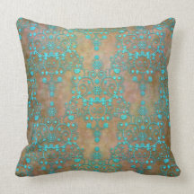 Aqua Teal over Brown Vintage Damask Design Throw Pillow