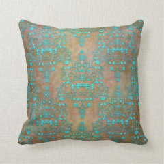 Aqua Teal over Brown Vintage Damask Design Throw Pillow