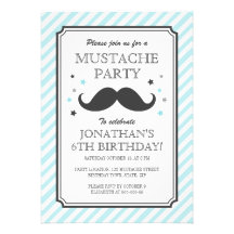 Aqua teal stripe mustache bash kids birthday party custom announcements