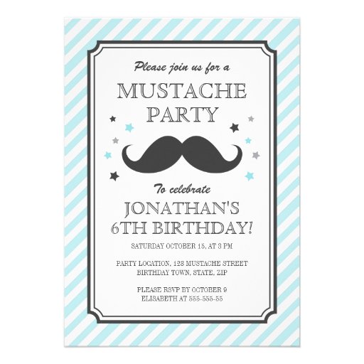 Aqua teal stripe mustache bash kids birthday party custom announcements