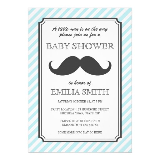 Aqua teal stripes retro mustache bash baby shower invites