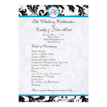 Aqua Trim Black Damask  Wedding Program Custom Invites