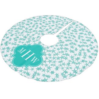 Aqua / Turq White Stars Teal Quatrefoil 3 Monogram Brushed Polyester Tree Skirt