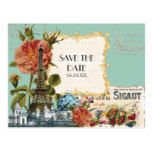 Aqua Vintage Eiffel Tower Rose Save the Date Card Post Cards