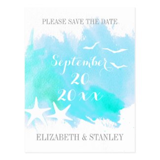 Aqua watercolor, starfish wedding Save the Date Postcards
