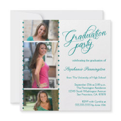 Aqua + white 3 photo graduation party announcement
