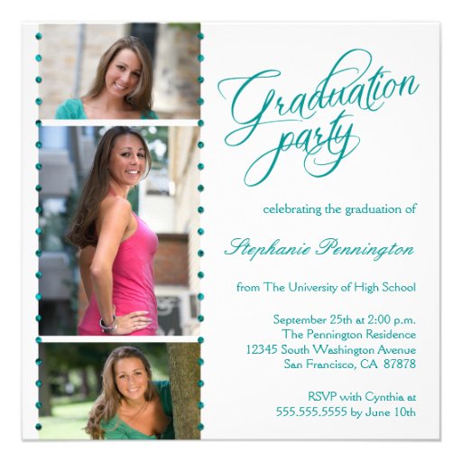 Aqua + white 3 photo graduation party announcement