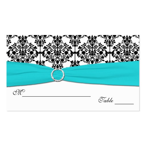 Aqua, White and Black Damask Placecards Business Cards (back side)