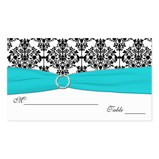 Aqua, White and Black Damask Placecards Business Cards (front side)