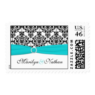 Aqua, White, and Black Damask Postage stamp