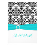 Aqua, White and Black Damask Reply Card 2 Custom Announcement
