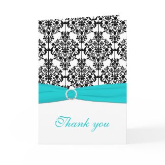 Aqua, White and Black Damask Thank You Card card