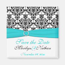 Aqua, White, and Black Damask Wedding Favor Magnet