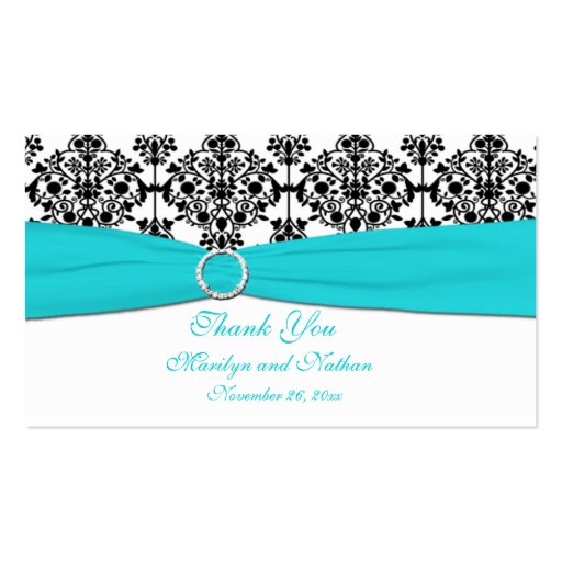 Aqua, White and Black Damask Wedding Favor Tag Business Card Template (front side)