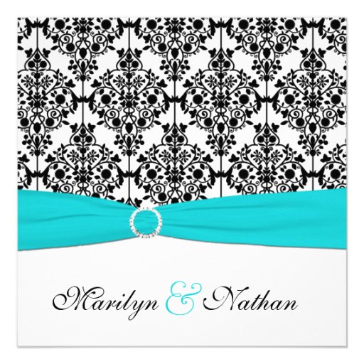 Aqua, White and Black Damask Wedding Invitation