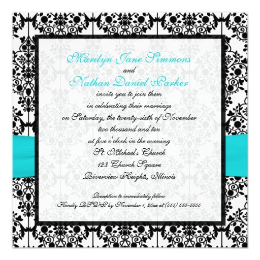 Aqua, White and Black Damask Wedding Invitation