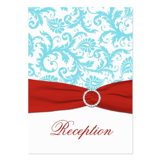 Aqua, White, and Red Damask Enclosure Card Business Cards (front side)