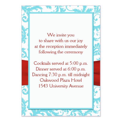 Aqua, White, and Red Damask Enclosure Card Business Cards (back side)