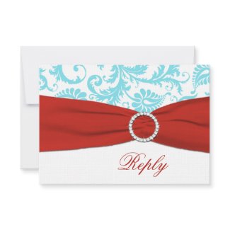 Aqua, White, and Red Damask Reply Card invitation