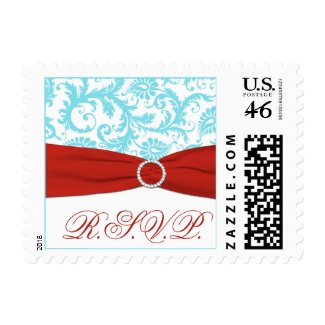 Aqua, White, and Red Damask RSVP Postage stamp