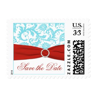 Aqua, White, and Red Damask Save the Date Postage stamp