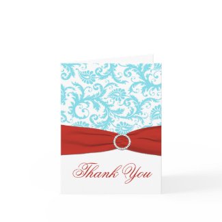 Aqua, White, and Red Damask Thank You Card card