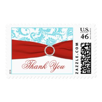 Aqua, White, and Red Damask Thank You Postage stamp