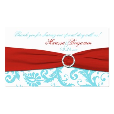 Aqua White and Red Damask Wedding Favor Tag Business Card Templates by 