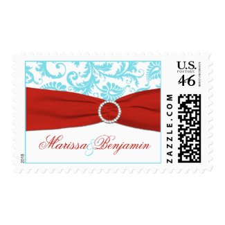 Aqua, White, and Red Damask Wedding Postage stamp