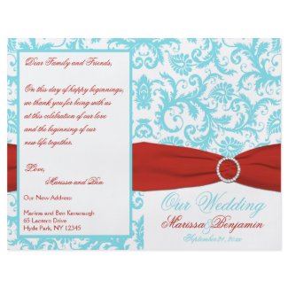Aqua, White, and Red Damask Wedding Program flyer