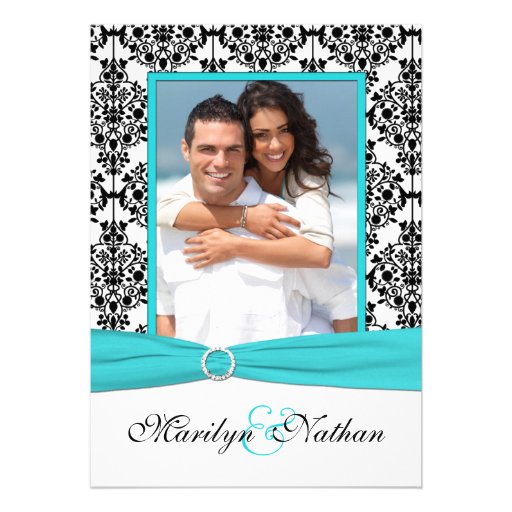Aqua, White, Black Damask II Photo Wedding Invite