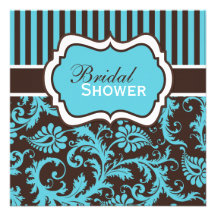 Aqua, White, Brown Damask Bridal Shower Invite